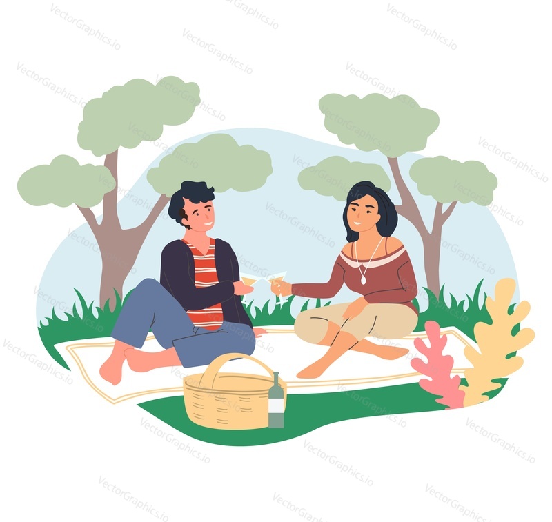 Romantic couple on picnic, flat vector illustration. Happy man and woman sitting on blanket in park, relaxing and drinking wine. Picnic basket on grass. Summer outdoor leisure activities.