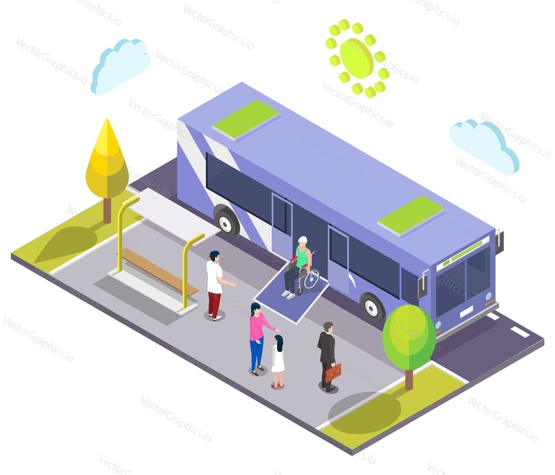 Bus stop. Disabled man in wheelchair leaving city bus using wheelchair access ramp, flat vector isometric illustration. Disabled person lifestyle. City public transport accessibility.