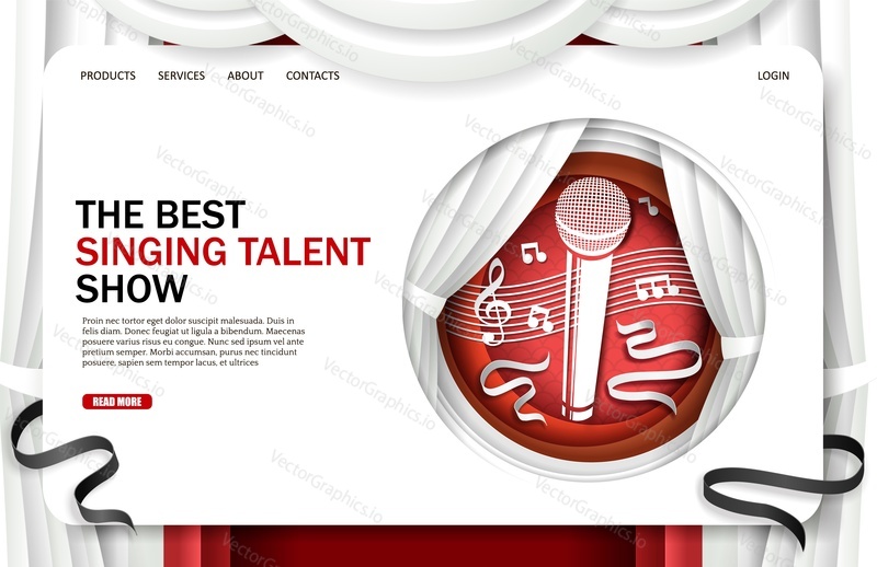 Singing talent show landing page design, website banner template. Vector illustration in paper art style. Tv talent show, vocal contest, music concert.