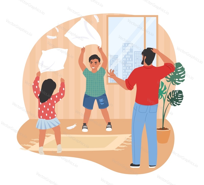 Stressed dad looking at his naughty kids playing with pillows, flat vector illustration. Parental stress, parenting challenges when raising children.