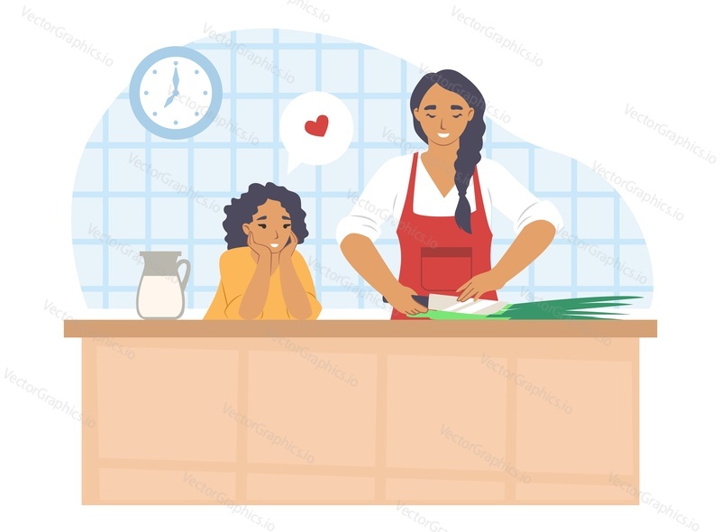 Счастливая мать готовит с дочерью на кухне, плоская векторная иллюстрация. Мама и ребенок проводят время вместе, готовя ужин. Отношения между родителями и детьми, счастливое материнство и воспитание детей.