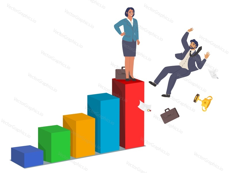 Female boss leader standing on bar chart top and male employee falling down from it, flat vector illustration. Feminism concept.