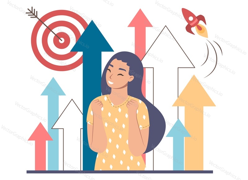 Business woman, up arrows, target and flying rocket, flat vector illustration. Professional career growth, success, business project launch, career planning, boost.