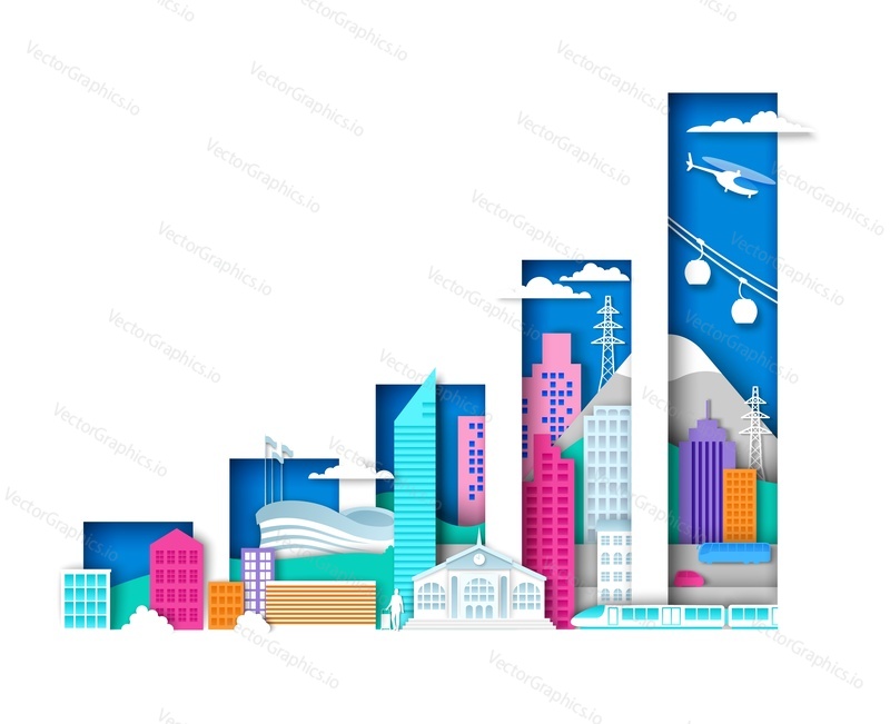 Raising bar graph with city elements, urban landscape. Vector illustration in paper art style. Modern city development.