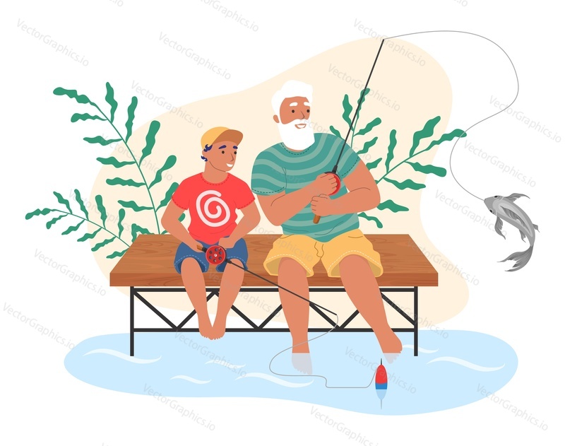 Happy grandfather and grandson fishing together, flat vector illustration. Grandpa with grandkid spending time together. Grandparent and grandchild relationships. Outdoor summer family activity.