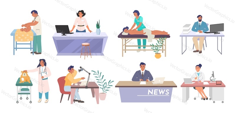 People of different occupations and professions at workplace, flat vector illustration. Doctor pediatrician, veterinarian, scientist, news anchorman, massage therapist, radio host, office worker.