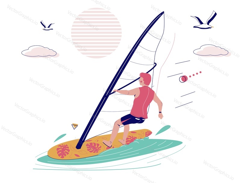 Man windsurfer riding windsurfing board with sail, flat vector illustration. Windsurfing, extreme water sport. Summer beach activities.