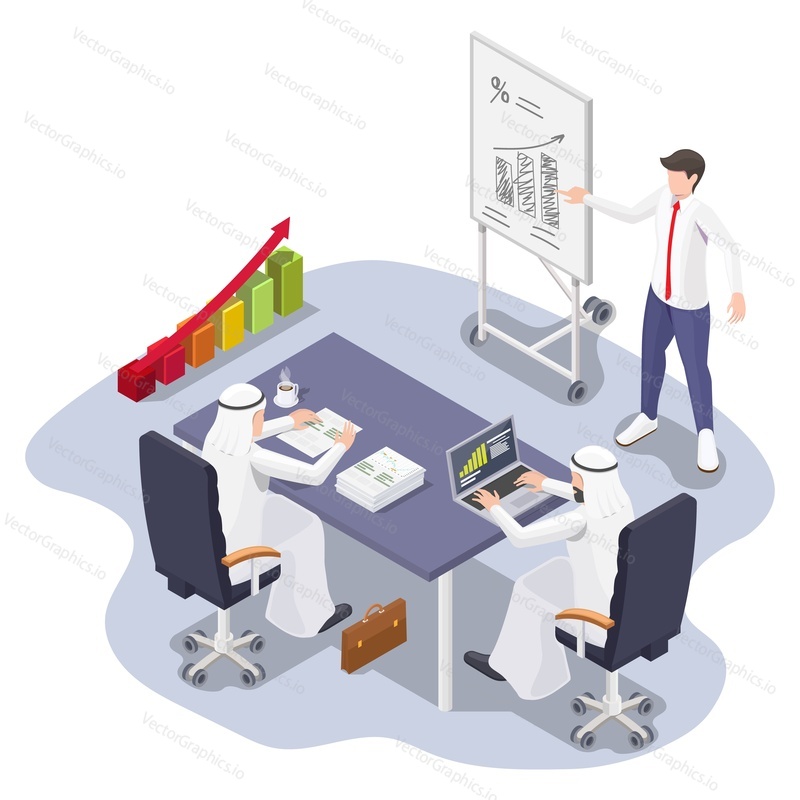 Saudi Arabian businessmen meeting, flat vector isometric illustration. Arab business people wearing traditional dress sitting in boardroom and listening to young man giving presentation.