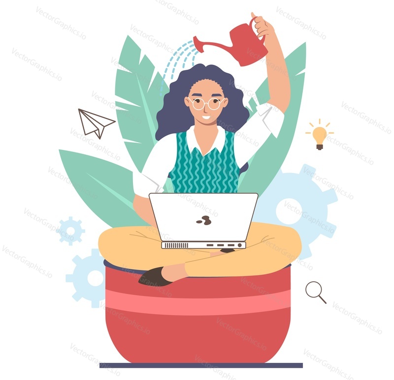 Business woman watering herself while sitting in flowerpot and working on computer, flat vector illustration. Professional career growth, business success, career planning, boost, personal development