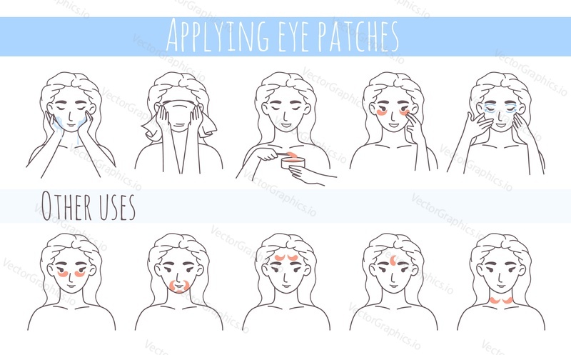 Hydrogel eye patches, collagen eye mask application steps, line art style vector illustration. Face skin care routine, beauty procedure.