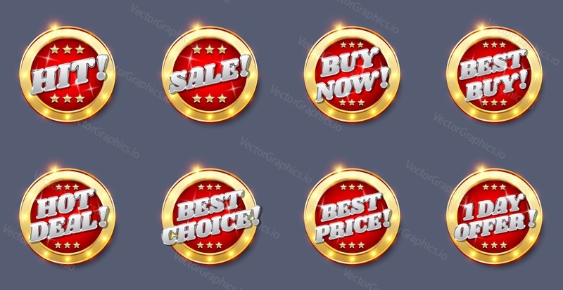 Sale glossy round badge, tag, label, sticker set, vector isolated illustration. Realistic shiny hot deal, buy now, best choice and price sale banner, sign.