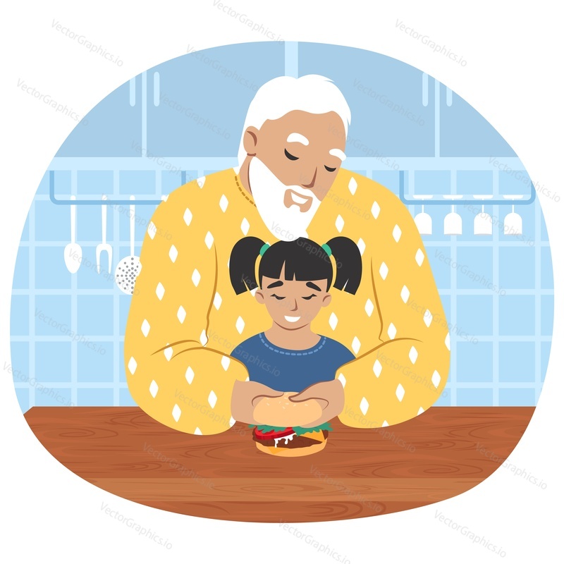 Happy grandfather cooking with granddaughter in kitchen, flat vector illustration. Grandpa and grandkid spending time together making burger. Grandparent and grandchild relationships.