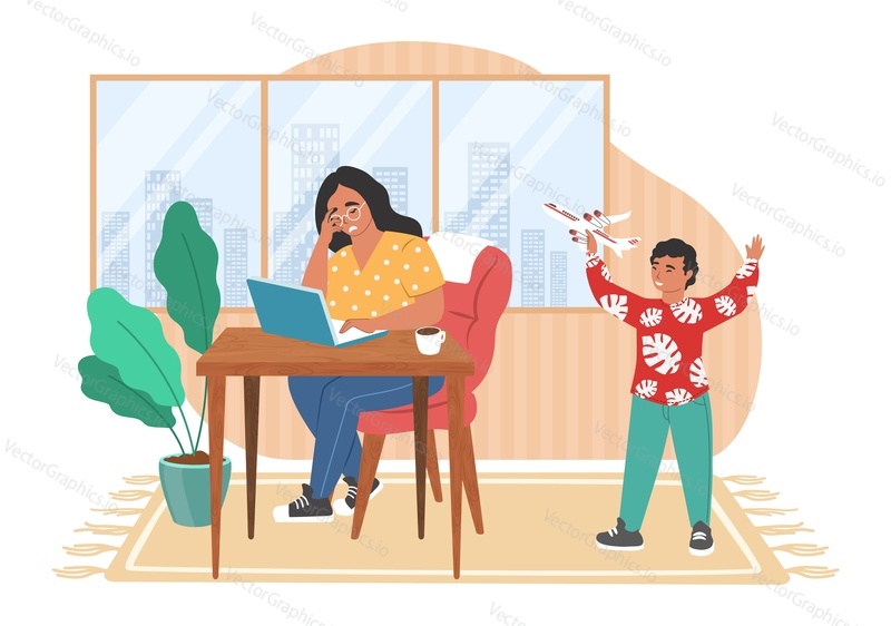 Tired stressed mom working on computer while her kid making noise playing with airplane, flat vector illustration. Remote work, freelance. Parental stress, parenting problems when raising children.