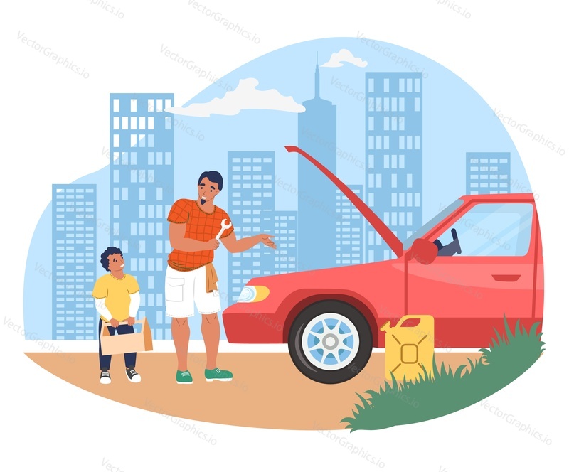 Father fixing broken car with his son holding toolbox, flat vector illustration. Happy dad and kid spending time together. Parent child relationship, happy fatherhood and parenting.