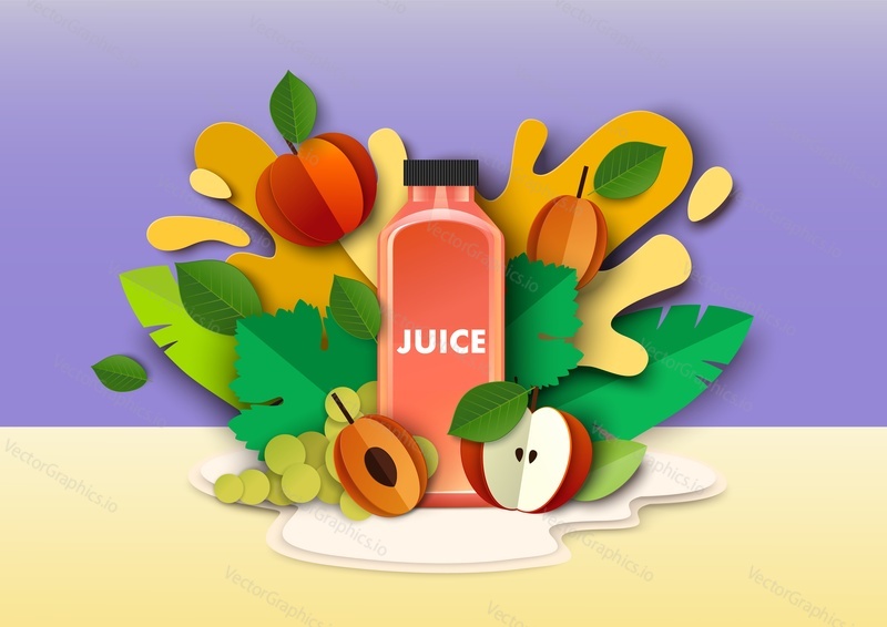 Multifruit juice drink packaging bottle, fresh apple, plum, grape fruits, liquid splashes and drops. Vector illustration in paper art style. Mix multi fruit juice blends ads template.