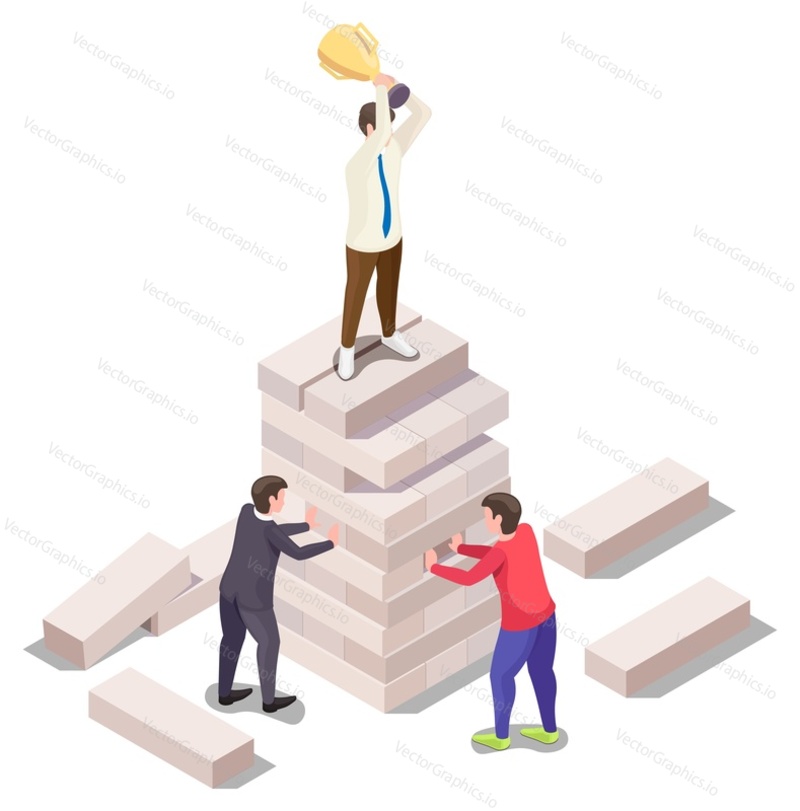 Business people playing jenga board game, flat vector isometric illustration. Competitive fight in business concept.