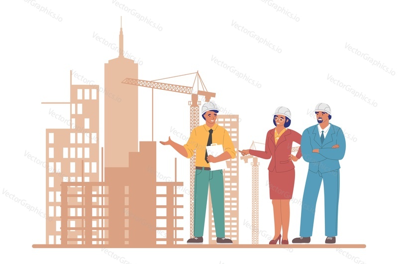 Professional construction engineers and architects in helmets discussing architecture project of modern city buildings, flat vector illustration. House building industry, construction development.
