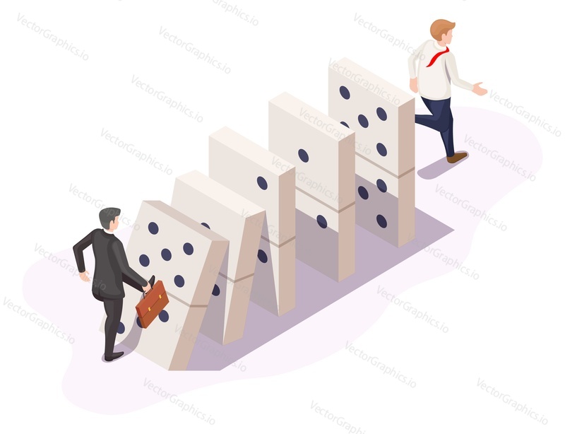 Domino effect or chain reaction in business, flat vector isometric illustration. Businessman escaping from falling dominoes. Business failure, crisis concept.