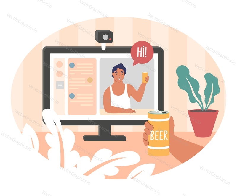 Online communication between two male friends, flat vector illustration. Boys chatting and drinking beer. Online beer party, virtual meeting, live chat video call. Social distancing.