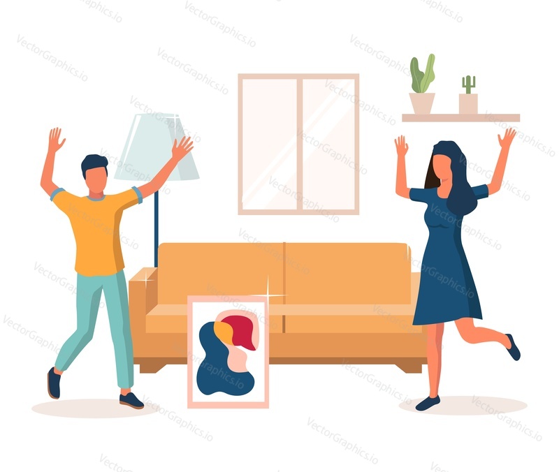 Happy couple celebrating housewarming party together after moving to new home, flat vector illustration. Living room interior with new furniture.