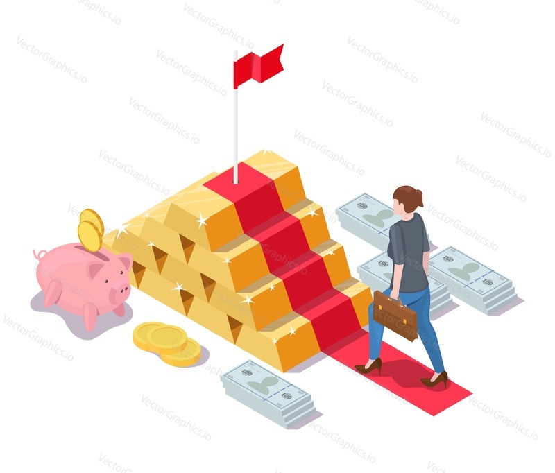Business woman climbing gold ingot staircase with flag on the top, flat vector illustration. Financial success, investing.