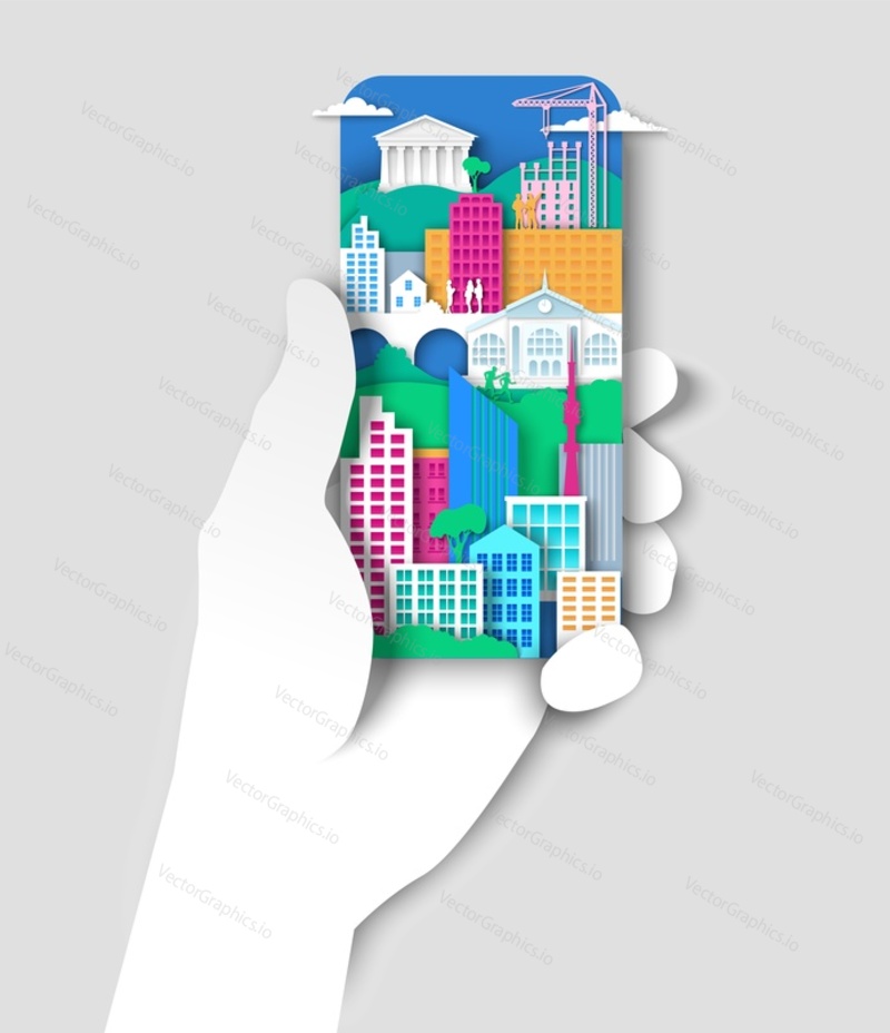 Hand holding mobile phone with city elements, urban landscape. Vector illustration in paper art style. City development, construction. Modern communication technologies.
