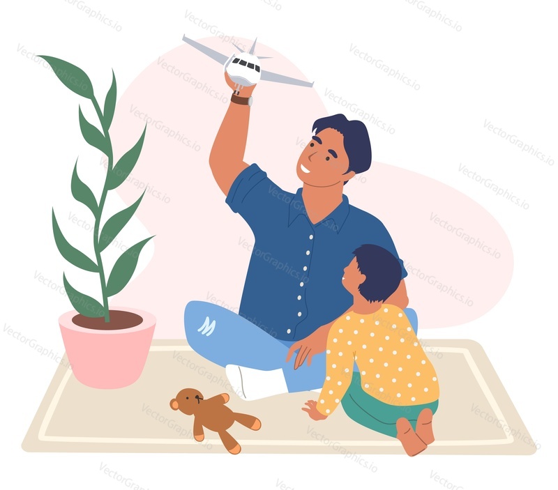 Happy father and son playing with plane toy together, flat vector illustration. Dad with kid spending time together. Parent child relationship, happy fatherhood and parenting.