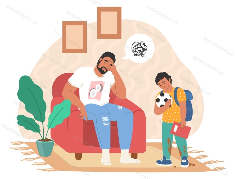 Tired stressed dad sitting in armchair while his son staying next to him with ball and book in hands, flat vector illustration. Parental stress concept.