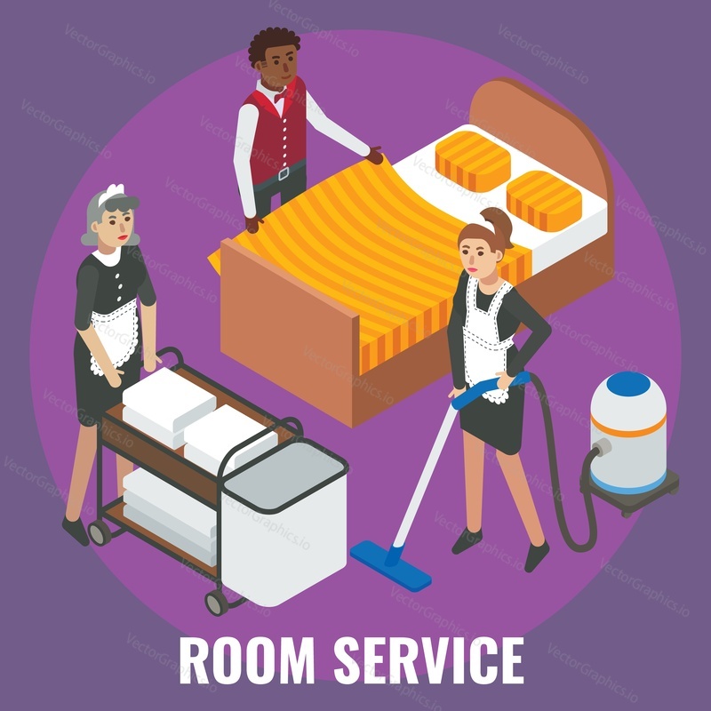Hotel staff maid, cleaner characters making bed, cleaning room, flat vector isometric illustration. Hotel housekeeping room services.