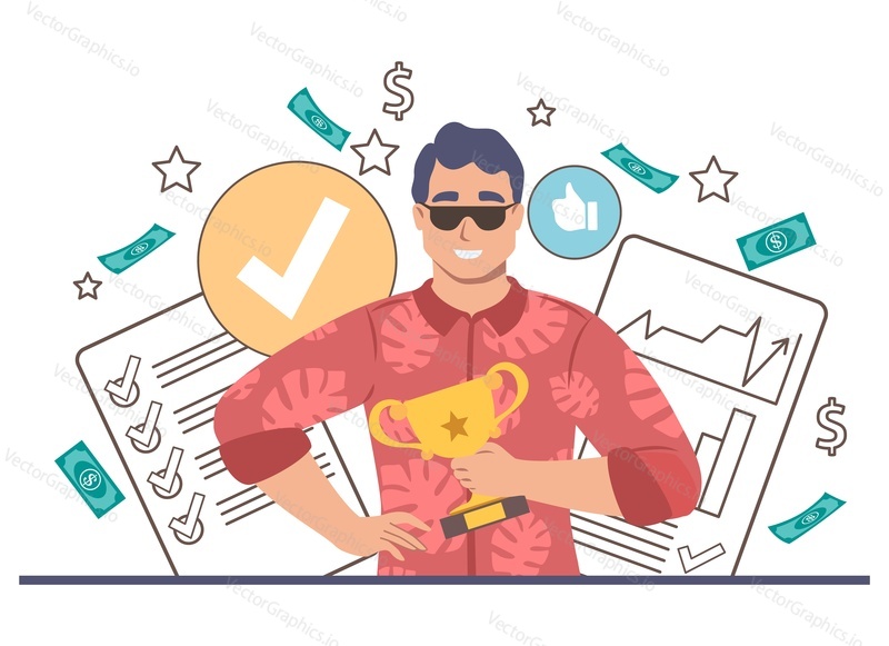 Happy businessman, champion, business competition winner holding trophy award cup, flat vector illustration. Professional career growth, financial success, leadership, victory celebration.