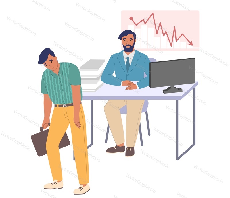 Fired employee leaving office, flat vector illustration. Layoff, dismissal, unemployment, staff reduction due to financial problems.