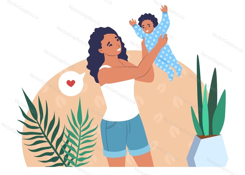 Happy mother playing with her baby, flat vector illustration. Mom and kid spending time together. Parent child relationship, happy motherhood and parenting.