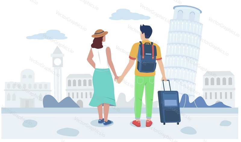 Travel couple back view, flat vector illustration. man and woman with traveling bag holding hands. Romantic vacation, summer holidays, honeymoon, world travel.