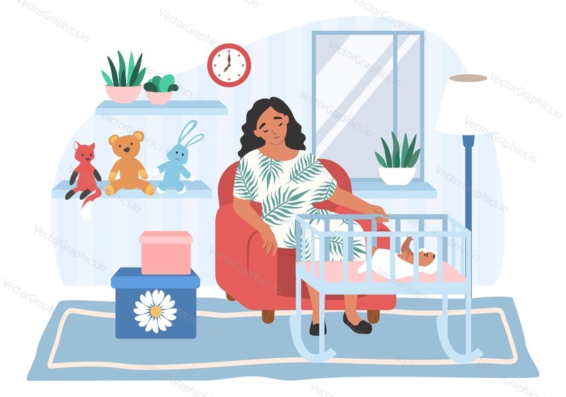 Tired depressed mom sitting in armchair by baby crib, flat vector illustration. Parental stress. Postpartum or postnatal depression.