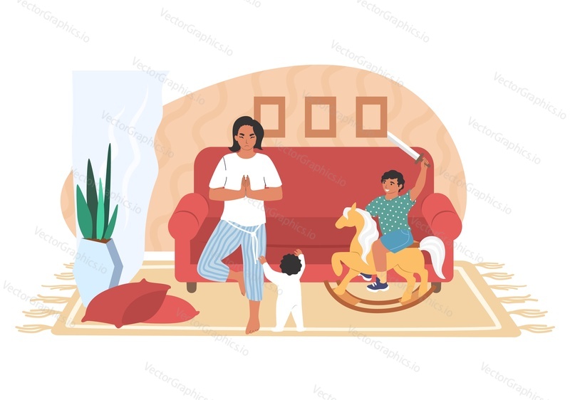 Mother meditating in yoga position, naughty kids playing in the room, flat vector illustration. Calm mom with mischievous kids. Parental stress, parenting.