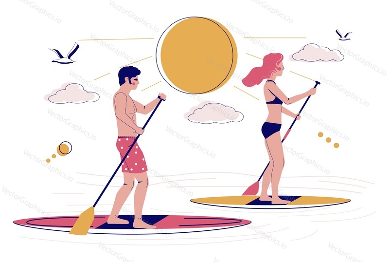 Young couple paddling SUP boards, flat vector illustration. Stand up paddle boarding, SUP surfing, summer beach activity concept.