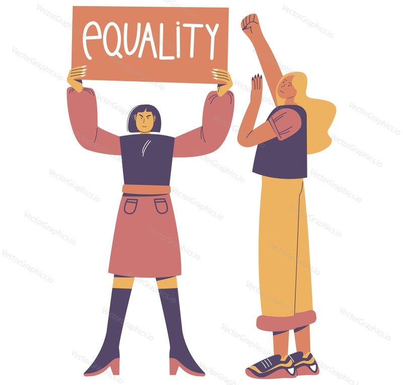 Two girls feminists with Equality placard, raised fist, flat vector illustration. Women Equality Day, feminism, sisterhood.
