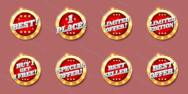 Sale, best and special offer glossy round badges, tags, labels, stickers, vector isolated illustration. Realistic shiny sale promo banners, signs.