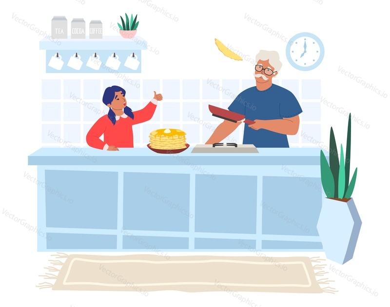 Happy grandfather cooking pancakes with granddaughter in kitchen, flat vector illustration. Grandpa with grandkid spending time together preparing breakfast. Grandparent and grandchild relationships.