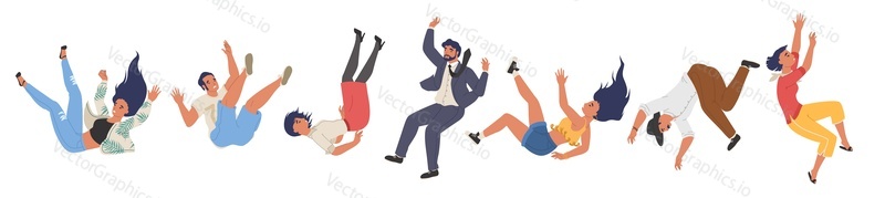 Falling male and female character set, flat vector illustration. Shocked falling down people because of stumbling, slipping, accident, injury. Slippery, danger, risk.