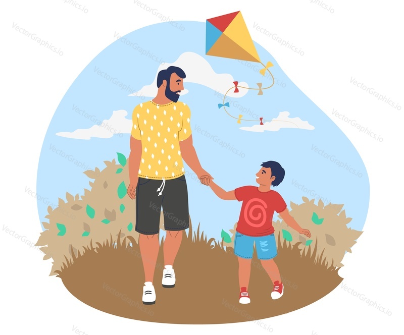 Happy father walking with son in the park, flat vector illustration. Dad and kid spending time together. Parent child relationship, happy fatherhood and parenting. Father day activity.
