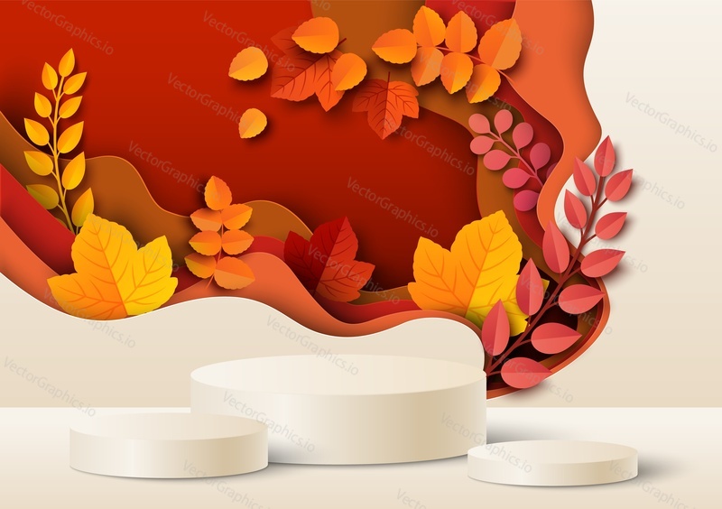 White round display podium mockup set, paper cut autumn season red and yellow leaves, vector illustration. Fall floral background for products advertising.