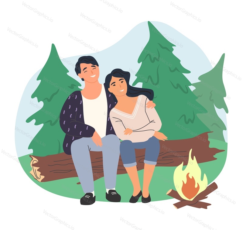 Romantic couple sitting by the fire in forest, flat vector illustration. Happy tourist people going camping, hiking, trekking. Forest camp, picnic, summer outdoor activity.