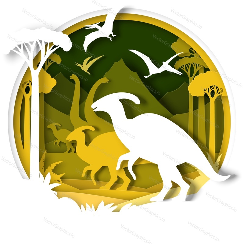 Paper cut dino silhouettes and nature landscape. Parasaurolophus, brachiosaurus dinosaur and pteranodon flying reptile, vector illustration. Kids education. Archeology, history.
