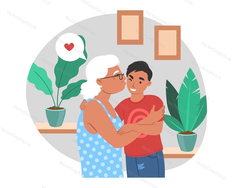 Счастливая бабушка обнимает и целует внука, плоская векторная иллюстрация. Бабушка и внук проводят время вместе. Отношения между бабушкой, дедушкой и внуком.