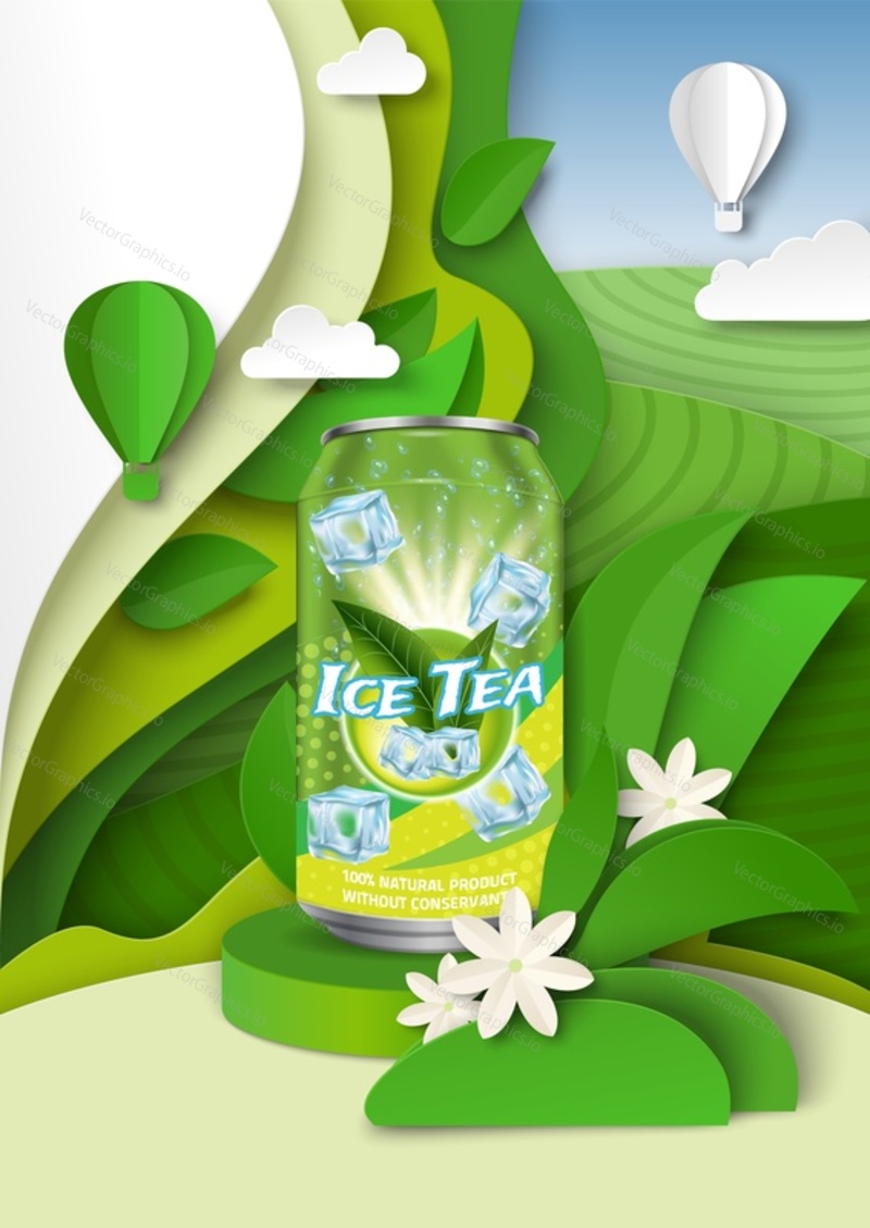 Ice tea ads template, vector illustration. Herbal cold soft drink packaging aluminum can mockup, paper cut green tea leaves and fields.