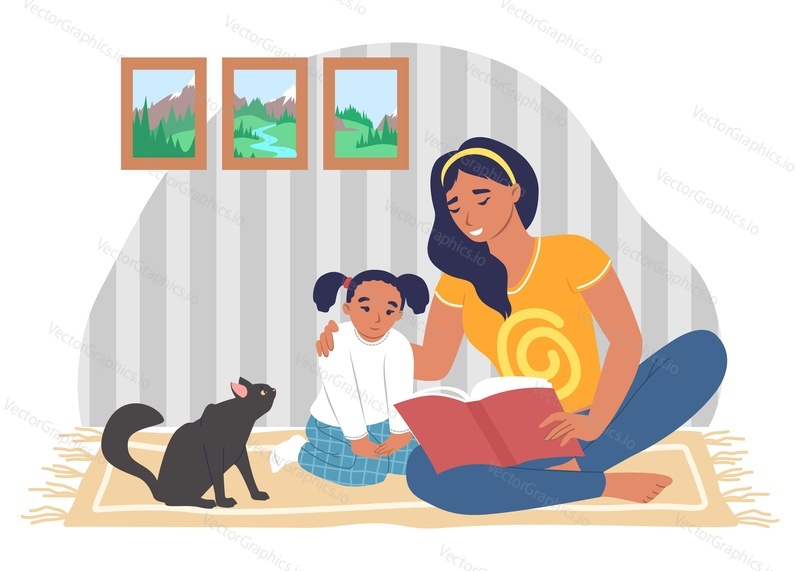 Happy mother reading book with daughter sitting on carpet in living room, flat vector illustration. Mom and kid spending time together. Parent child relationship, happy motherhood and parenting.