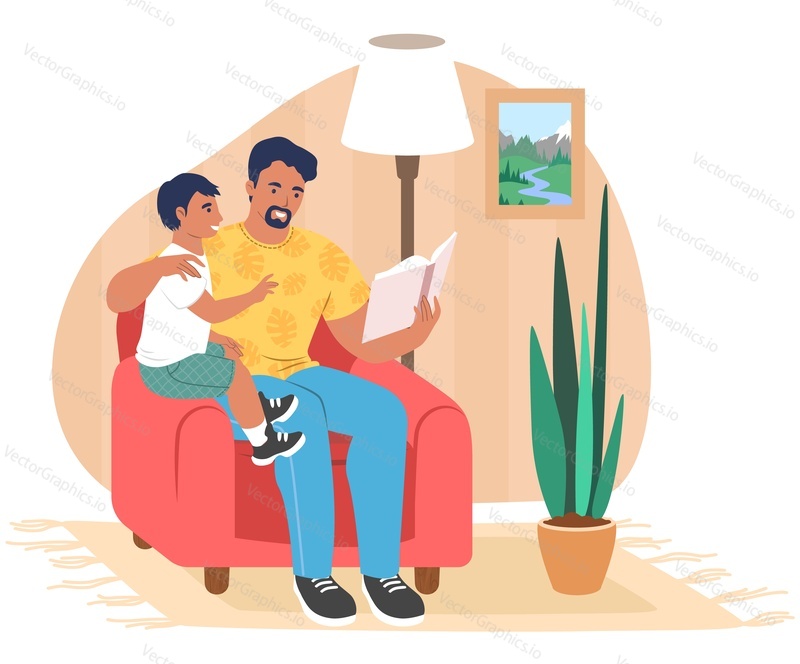 Happy father reading book to son sitting in armchair in living room, flat vector illustration. Dad and kid spending time together. Parent child relationship, happy fatherhood and parenting.