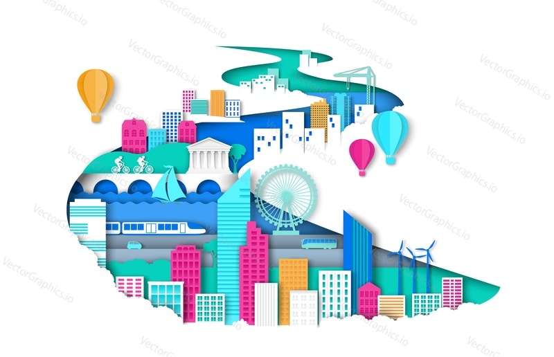 Ways of modern eco friendly city development vector concept illustration in paper art style. Urban landscape, city elements buildings, construction crane, public transport, attractions, windmills.