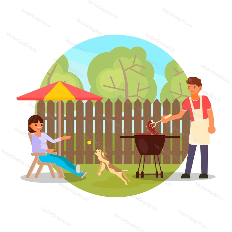 Happy couple having bbq party in backyard, flat vector illustration. Young man grilling bbq meat, woman playing with pet dog sitting on chair under umbrella. Summer outdoor picnic, barbecue.